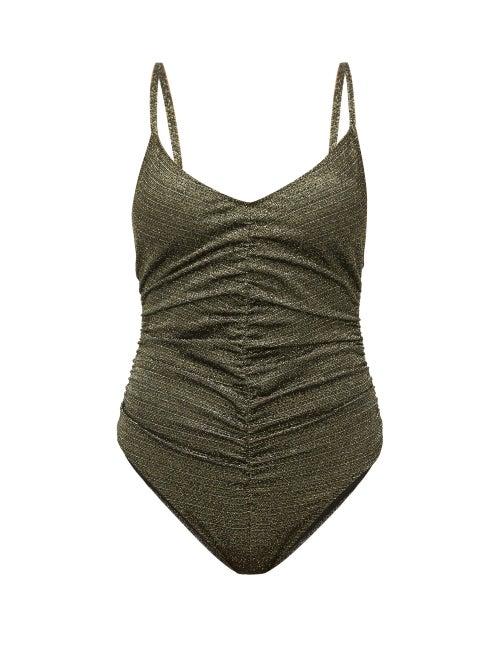 Matchesfashion.com Lisa Marie Fernandez - V-neckline Ruched Metallic Swimsuit - Womens - Black Gold