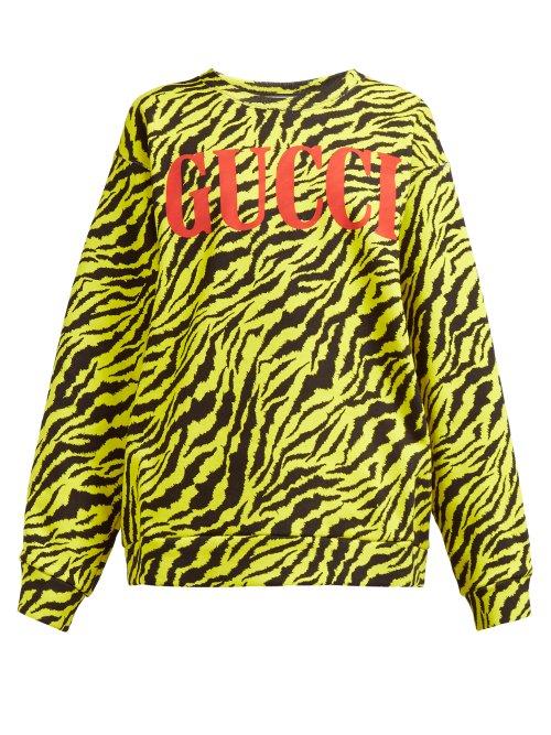 Matchesfashion.com Gucci - Tiger Stripe And Logo Print Cotton Sweatshirt - Womens - Yellow Multi