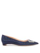 Ladies Shoes Rupert Sanderson - Hemploe Point-toe Crystal-buckle Moir Flats - Womens - Navy