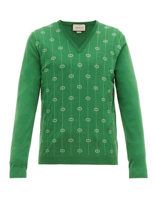 Matchesfashion.com Gucci - Gg Jacquard V Neck Wool Blend Sweater - Mens - Green