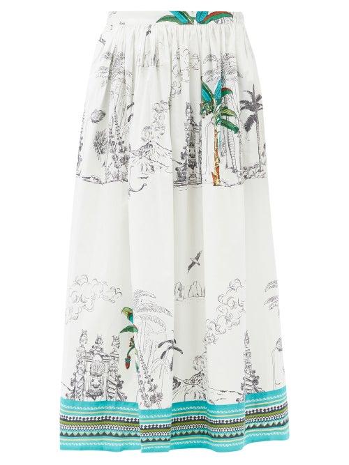 Matchesfashion.com Le Sirenuse, Positano - Jane Prehistoric Positano-print Cotton Midi Skirt - Womens - White Print