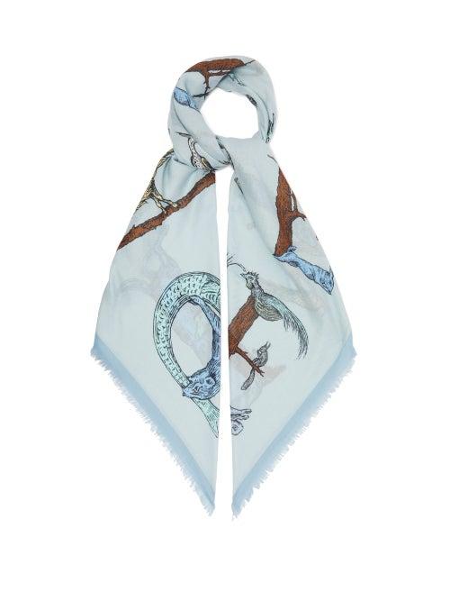 Matchesfashion.com Loewe - Frayed-edge Animal-print Twill Scarf - Womens - Light Blue
