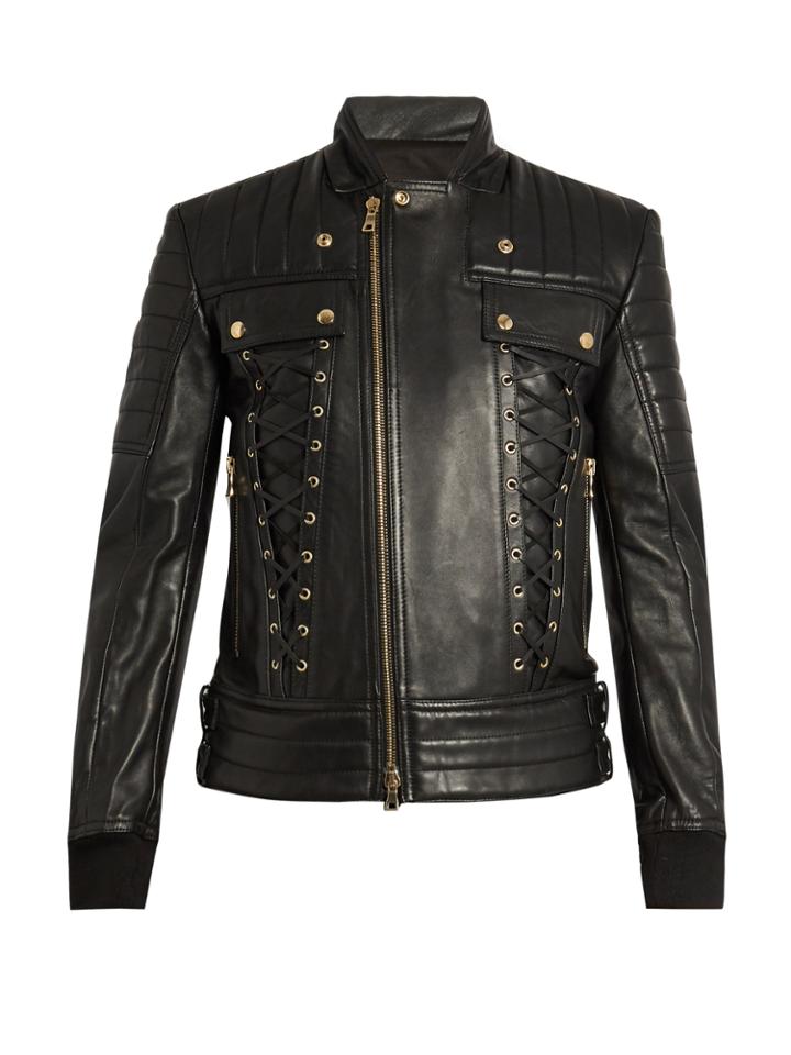 Balmain Lace-panel Leather Jacket
