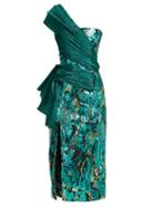 Matchesfashion.com Halpern - Asymmetric Pliss Panel Sequinned Dress - Womens - Green
