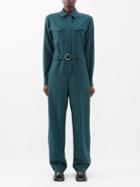 Another Tomorrow - Belted Wool Jumpsuit - Womens - Dark Green