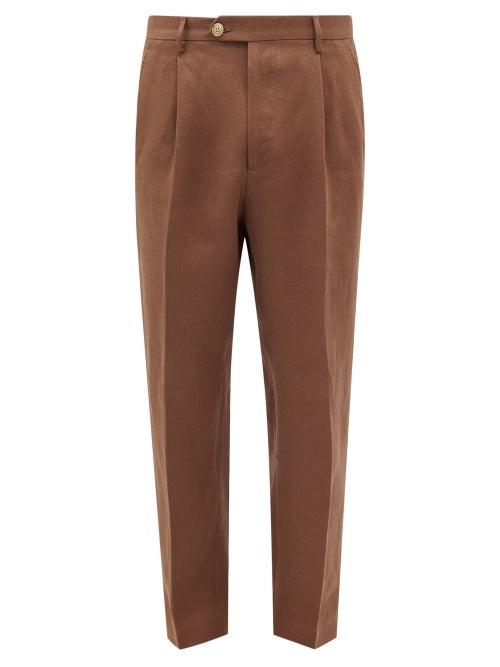 Umit Benan B+ - Pleated Linen Trousers - Mens - Brown