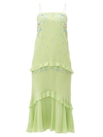 Matchesfashion.com Saloni - Divina Embroidered Silk Georgette Midi Dress - Womens - Green Multi