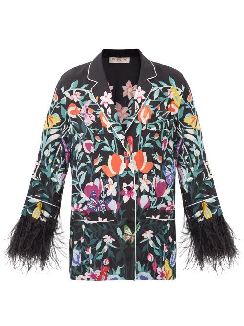 Valentino - Garden-print Feather-trim Crepe De Chine Shirt - Womens - Black Multi