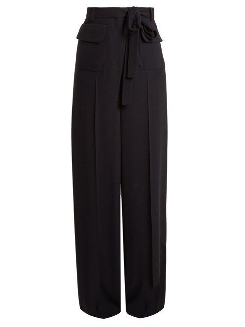 Matchesfashion.com Valentino - Wide Leg Crepe Trousers - Womens - Navy