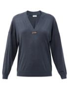 Matchesfashion.com Brunello Cucinelli - Monili-chain V-neck Cashmere-blend Sweater - Womens - Navy
