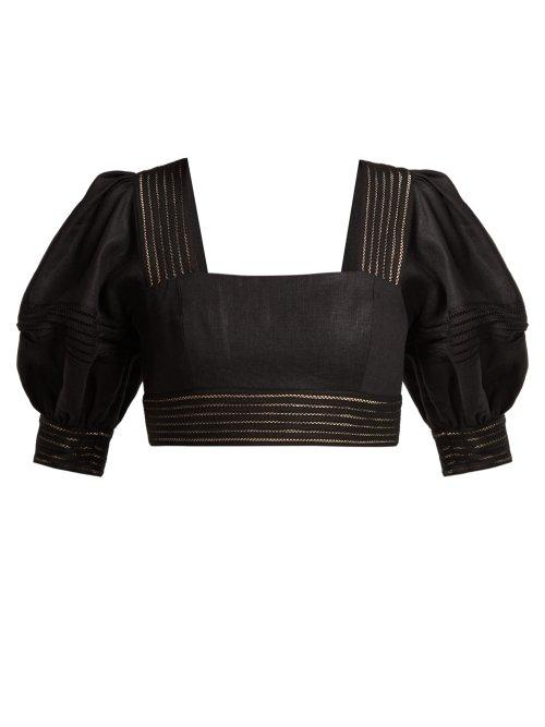 Matchesfashion.com Zimmermann - Corsage Balloon Sleeved Linen Cropped Top - Womens - Black