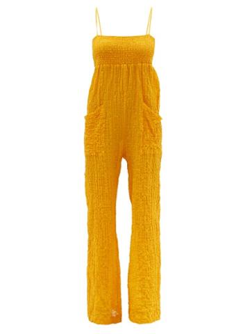 Ladies Beachwear Three Graces London - Tallie Shirred Cotton-blend Cloqu Jumpsuit - Womens - Yellow