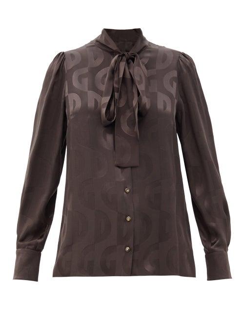 Matchesfashion.com Dolce & Gabbana - Pussy-bow Logo-jacquard Silk Blouse - Womens - Brown