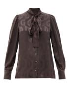 Matchesfashion.com Dolce & Gabbana - Pussy-bow Logo-jacquard Silk Blouse - Womens - Brown