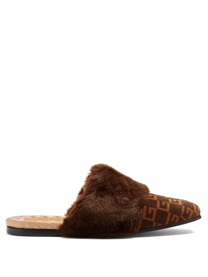 Gucci Faux-fur Trimmed And Logo-print Suede Slippers
