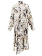 Matchesfashion.com Petar Petrov - Andrea Pussy-bow Fox Fur-print Silk Dress - Womens - Grey Print