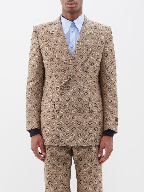 Gucci - Double-breasted Horsebit Cotton-blend Suit Jacket - Mens - Brown Beige
