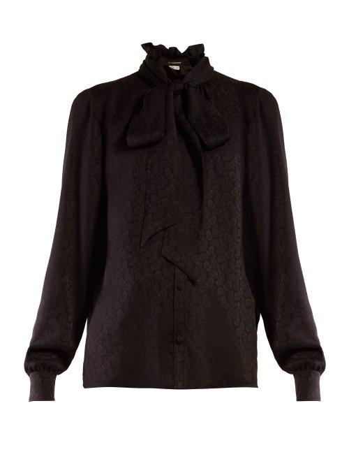 Matchesfashion.com Saint Laurent - Pussy Bow Ruffled Neck Paisley Blouse - Womens - Black