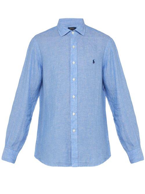 Matchesfashion.com Polo Ralph Lauren - Logo Embroidered Spread Collar Linen Shirt - Mens - Blue