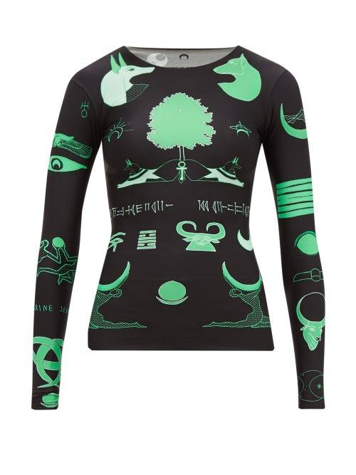 Matchesfashion.com Marine Serre - Long Sleeved Shamanic Print Top - Womens - Black Green