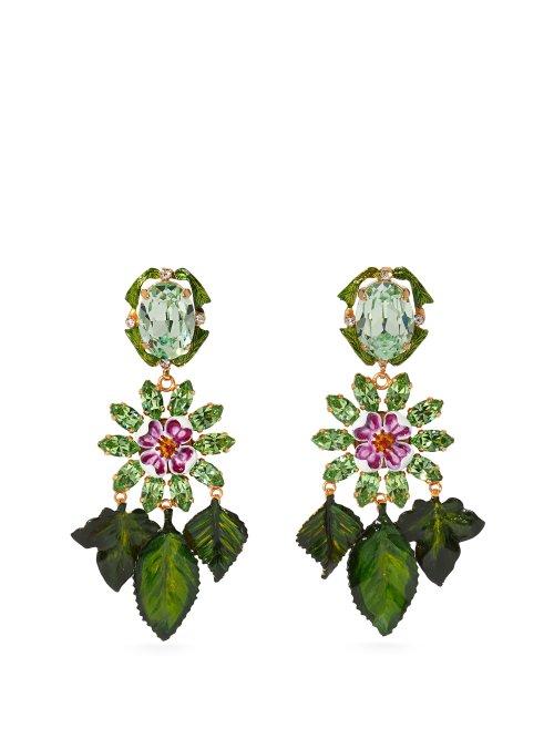 Matchesfashion.com Dolce & Gabbana - Floral Crystal Embellished Drop Earrings - Womens - Green