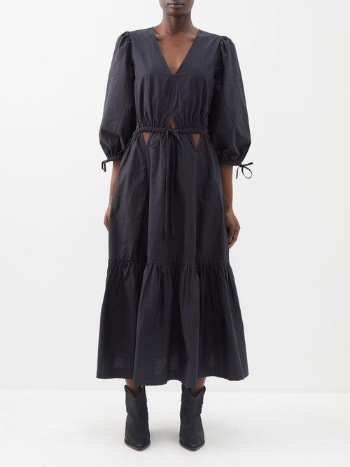 Sea - Steph Puff-sleeve Cutout Cotton Midi Dress - Womens - Black