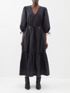 Sea - Steph Puff-sleeve Cutout Cotton Midi Dress - Womens - Black