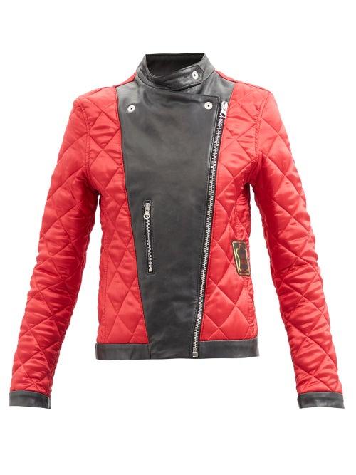 Mm6 Maison Margiela - Quilted Satin And Leather Biker Jacket - Womens - Black Red