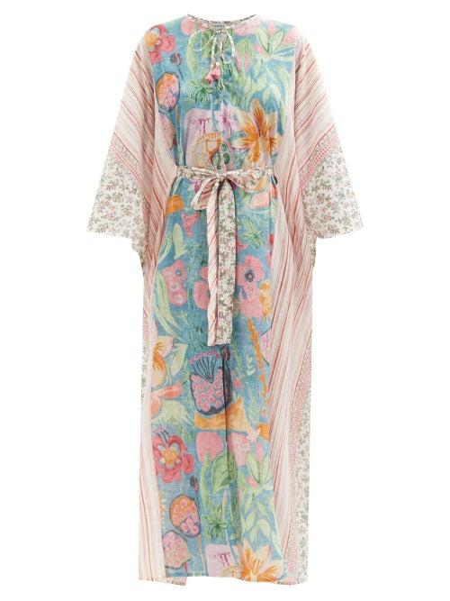 D'ascoli - Kamal Multi-print Cotton-khaki Kaftan Dress - Womens - Blue Multi