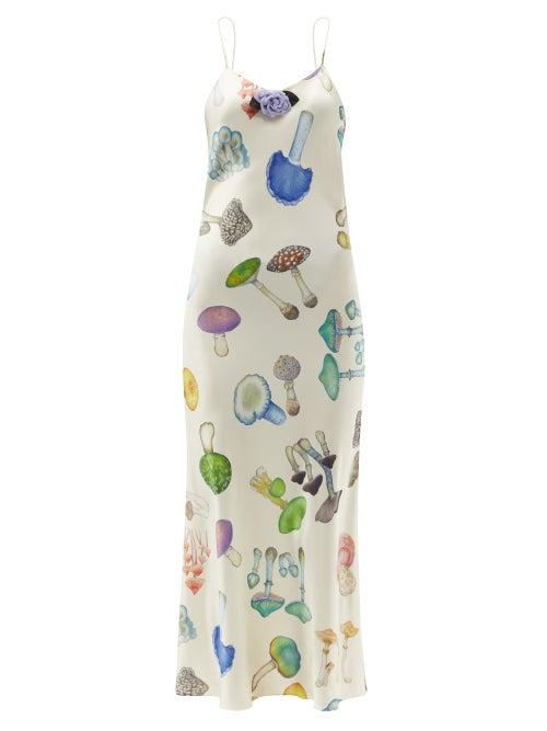 Rodarte - Mushroom-print Silk Slip Dress - Womens - White Multi