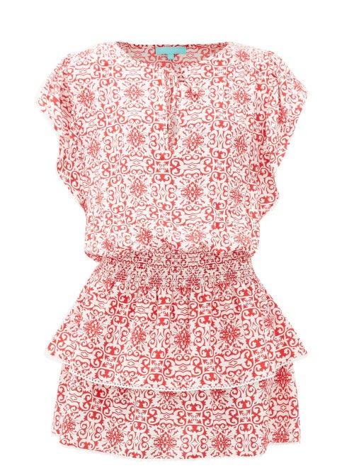 Matchesfashion.com Melissa Odabash - Keri Tiered Tile-print Crepe Mini Dress - Womens - Red Print
