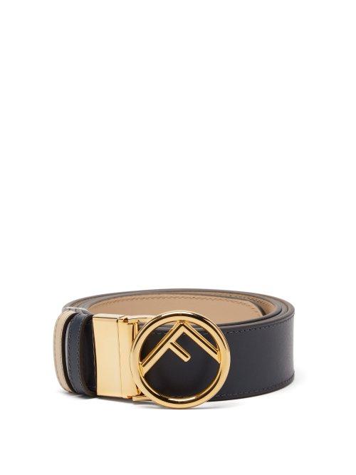 Matchesfashion.com Fendi - Reversible Logo Embellished Leather Belt - Womens - Navy