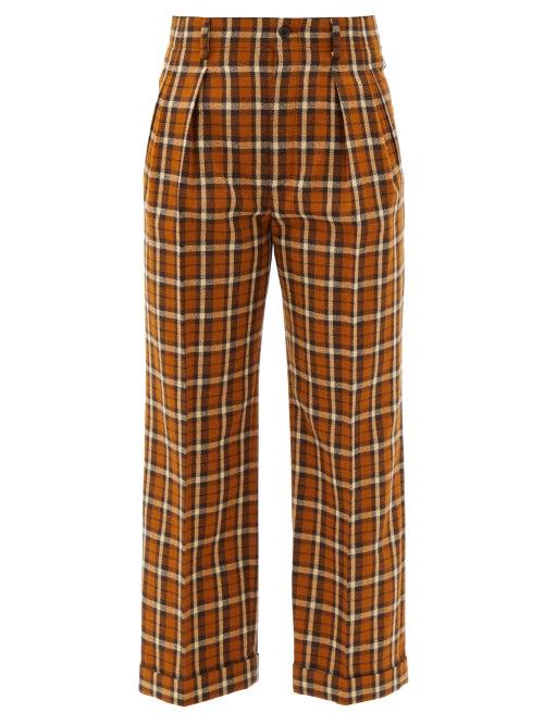 Matchesfashion.com Saint Laurent - High-rise Checked Wool Straight-leg Trousers - Womens - Brown