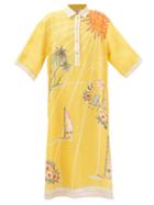 Ale Mais - Marina Tropical-print Linen Midi Dress - Womens - Yellow