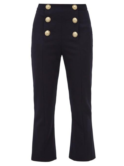 Matchesfashion.com Balmain - Buttoned Kick Flare Wool Twill Trousers - Womens - Navy