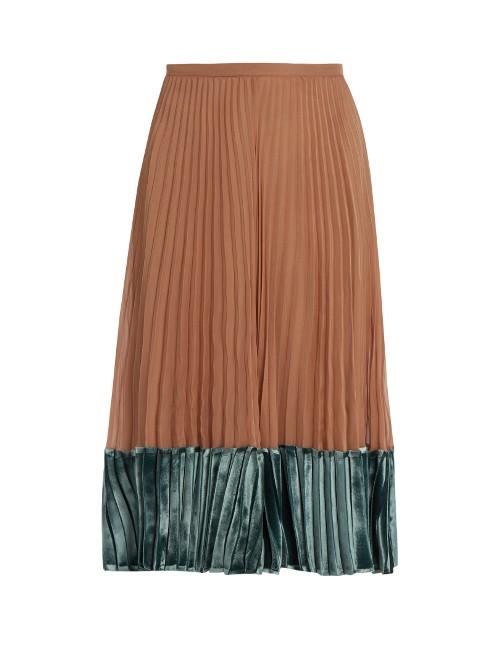 Valentino Velvet-panel Pleated Silk-georgette Midi Skirt