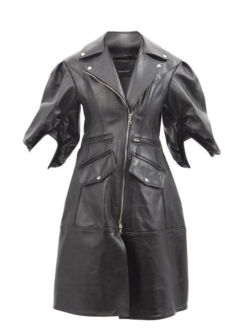Simone Rocha - Puff-sleeve Leather Biker Coat - Womens - Black