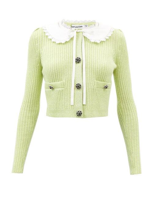 Self-portrait - Chelsea-collar Ribbed Lam-knit Cardigan - Womens - Green