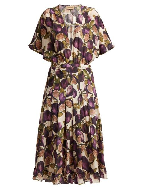 Matchesfashion.com Adriana Degreas - Silk Crepe Fig Print Midi Dress - Womens - Purple Print