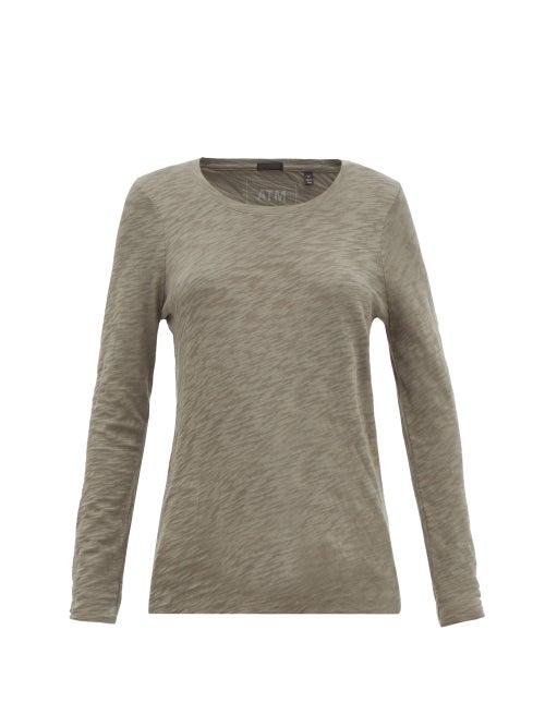 Matchesfashion.com Atm - Distressed-hem Cotton-jersey Long-sleeved T-shirt - Womens - Khaki