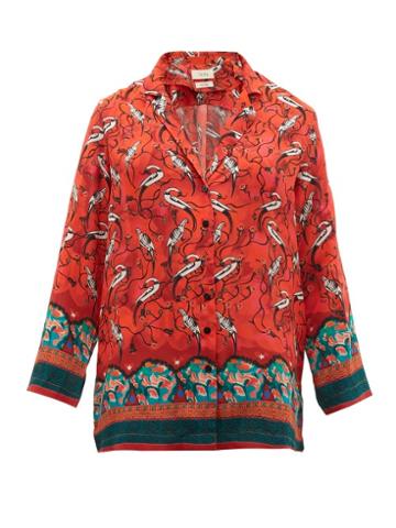 Matchesfashion.com Chufy - Najima Peacock Print Satin Crepe Blouse - Womens - Red Multi
