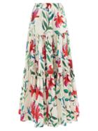 La Doublej - Big Lily-print Tiered Maxi Skirt - Womens - White Print