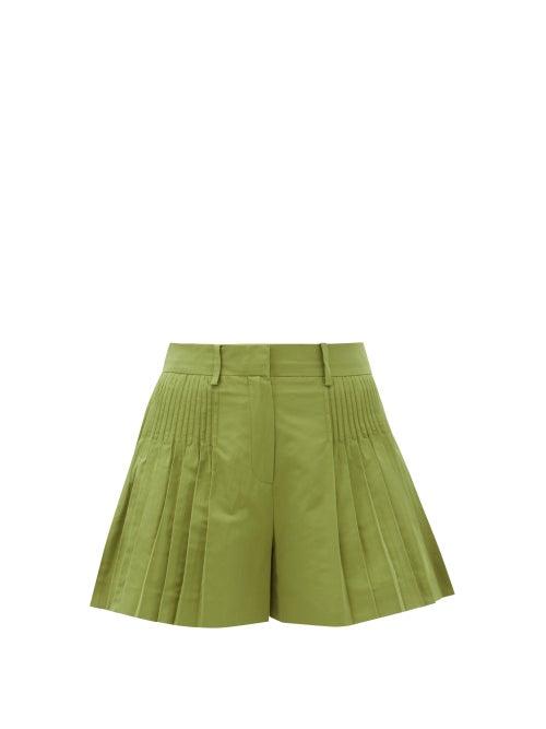 Matchesfashion.com Valentino - Pintucked Cotton-blend Faille Shorts - Womens - Dark Green