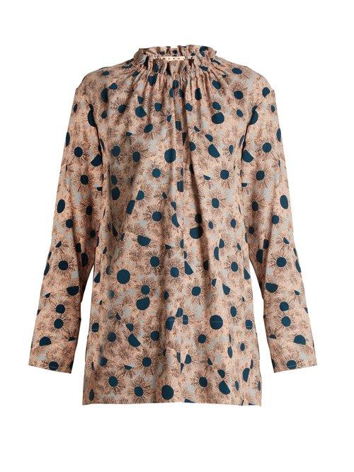 Matchesfashion.com Marni - Grasses Print Ruffled Neck Twill Blouse - Womens - Pink Print