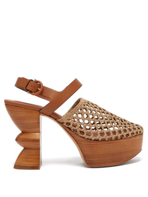 Matchesfashion.com Salvatore Ferragamo - Antium Woven Front Wooden Platform Heels - Womens - Khaki