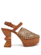 Matchesfashion.com Salvatore Ferragamo - Antium Woven Front Wooden Platform Heels - Womens - Khaki