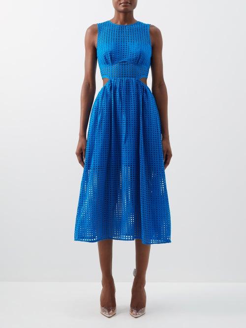 Self-portrait - Side-cutout Broderie-anglaise Cotton Midi Dress - Womens - Bright Blue