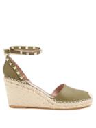 Matchesfashion.com Valentino - Rockstud Leather Wedge Espadrilles - Womens - Khaki