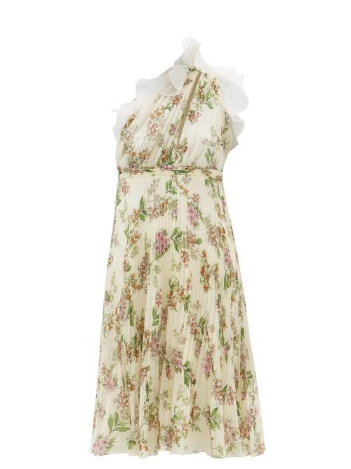 Matchesfashion.com Giambattista Valli - One Shoulder Floral Print Pliss Silk Dress - Womens - Ivory Multi