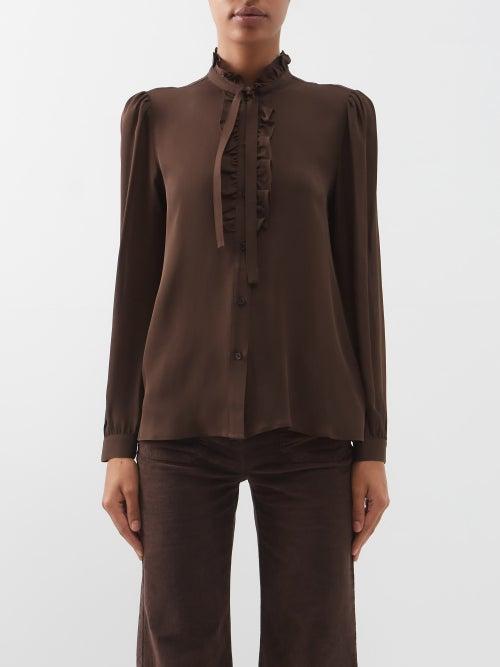 Nili Lotan - Miera Ruffled Silk Blouse - Womens - Dark Brown
